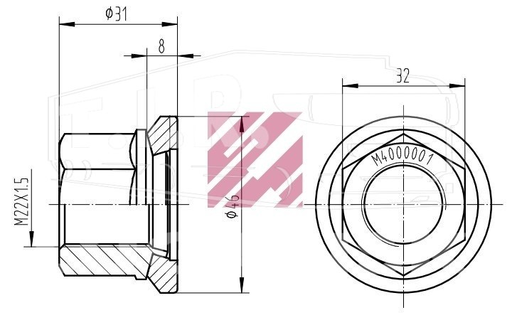 Гайка М22*1.5 колеса с юбкой SW32 H=31