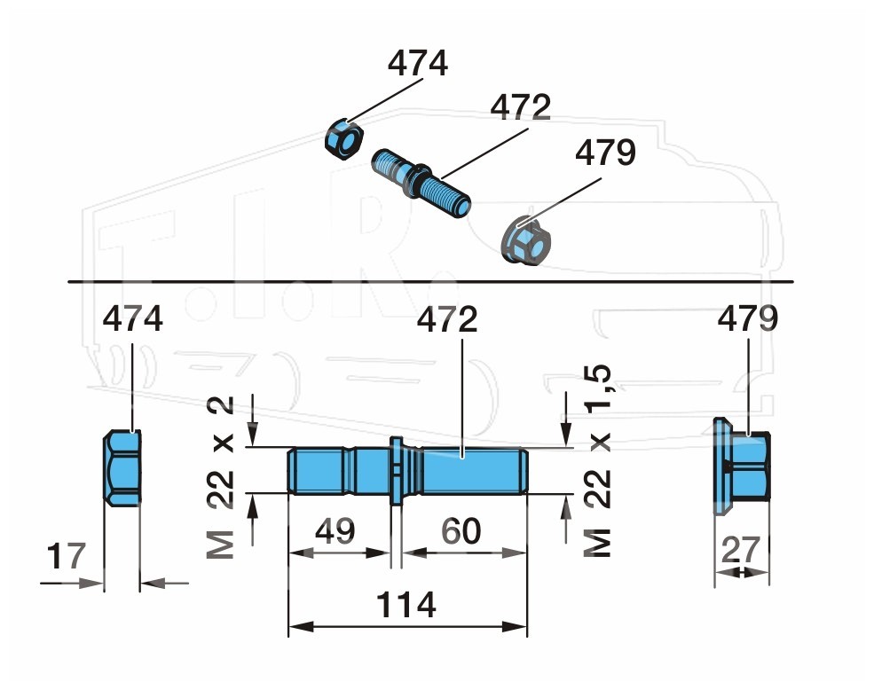 Шпилька колеса М22*2/М22*1.5*112 (р-к колеса)