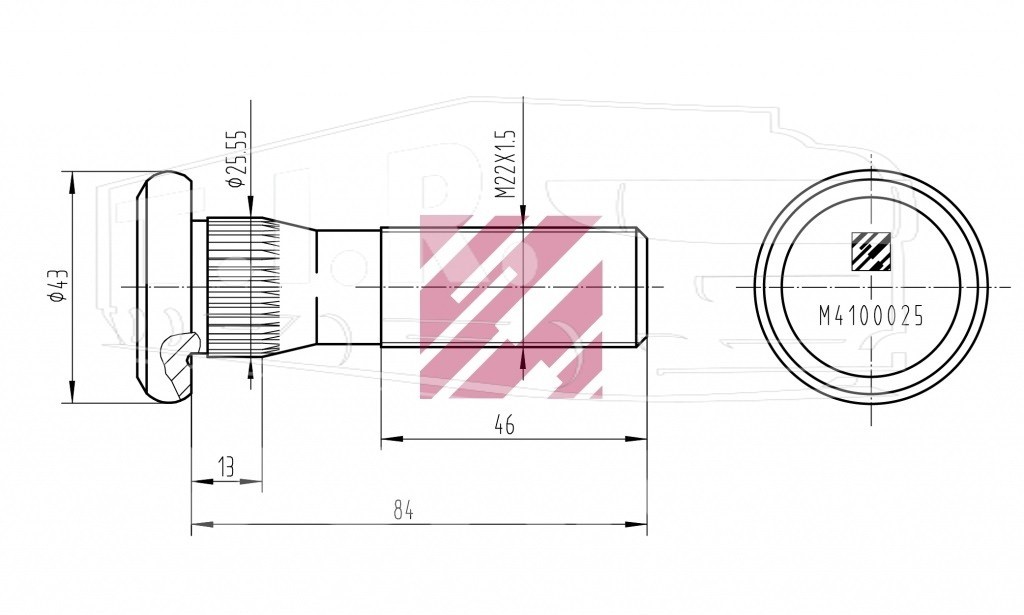 Шпилька колеса М22*1.5*84/94 перед