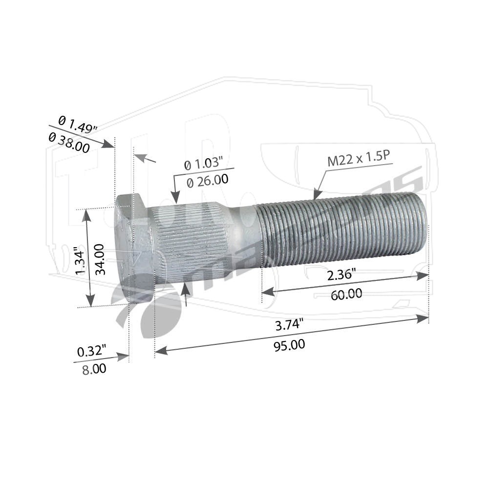 Шпилька колеса М22*1.5*95ММ